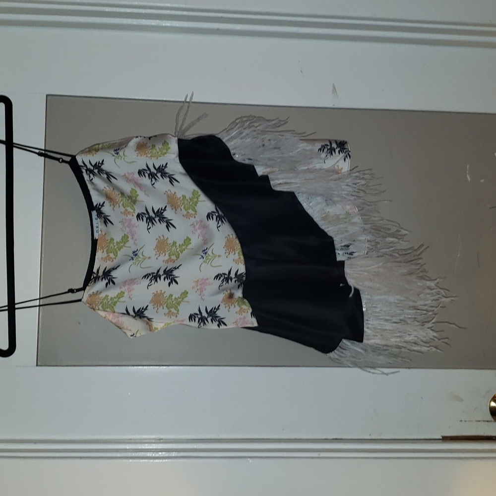Delfi Collective silk floral and black assymetric camisole with white feathers.